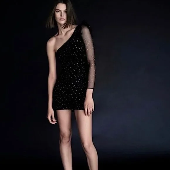 ZARA Dress One Shoulder Black Rhinestone Size XS • BLOGGER FAVORITE • - Picture 4 of 17